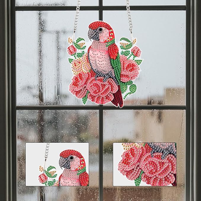 Animal Parrot Diamond Art Painting Kit Ornament with Hanging Chain Flower DIY Diamond Art Acrylic Crystal Hanging Pendant Paint by Number Stained Glass Wall Art for Adults Home Wall Decor Gift