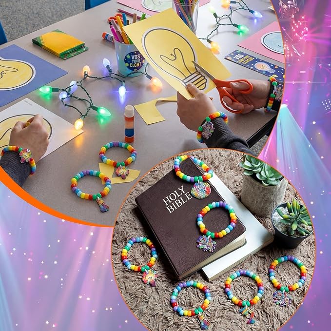 Tondiamo 24 Sets VBS 2026 Bracelet Crafts Kits Illumination Theme Bracelet Making Kit DIY Light Bulb Rainbow Bead Wristband Charms for Vacation Bible School Jewelry Making Supplies