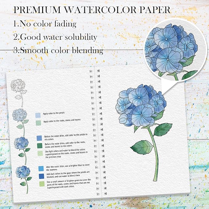 Watercolor Workbook, Watercolor Workbook Paint Book Beginner Friendly, 12 Different Patterns Stress-Relieving Art Crafts for Creative Exploration Gift for Women Adults Teens (Flower, 1)