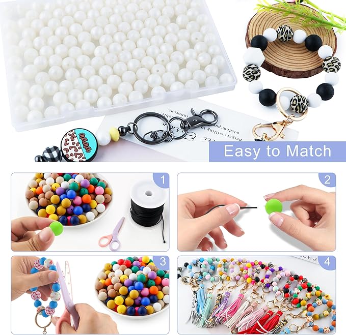 160Pcs 12mm Silicone Beads for Keychain Making Bracelet Necklace, Bulk Round Silicone Beads for Pens（Metall White）