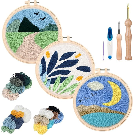 Zuaooz 3 Sets Punch Needle Kits,Leaf Path Moon Punch Embroidery Kits for Adults Beginner, Tool with Punch Needle Fabric, Hoops, Yarns and Sewing Needles