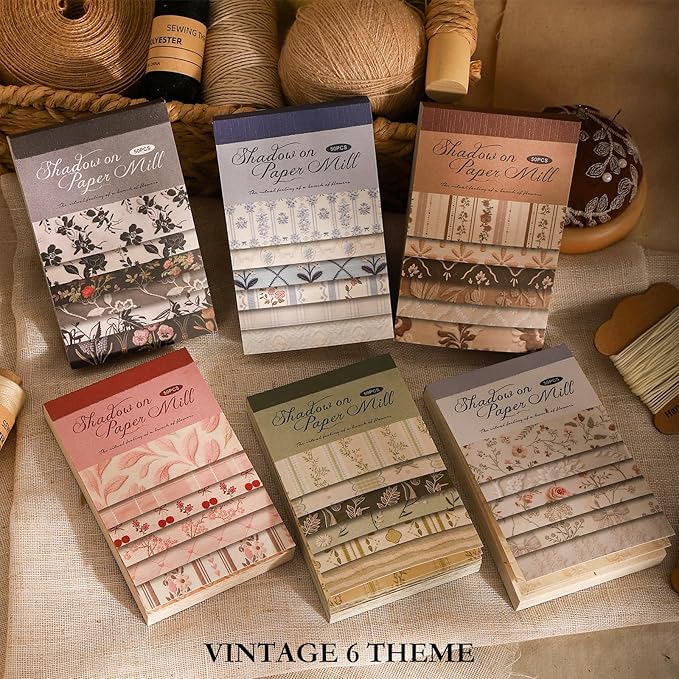 300Pcs Textured Scrapbook Paper Kit - Vintage 6 Pack Decoupage Paper Mixed Media for Scrapbooking Supplies Junk Journaling Cards Making Collage Floral Decorative Materials Craft Gifts 4.13x2.64 Inch