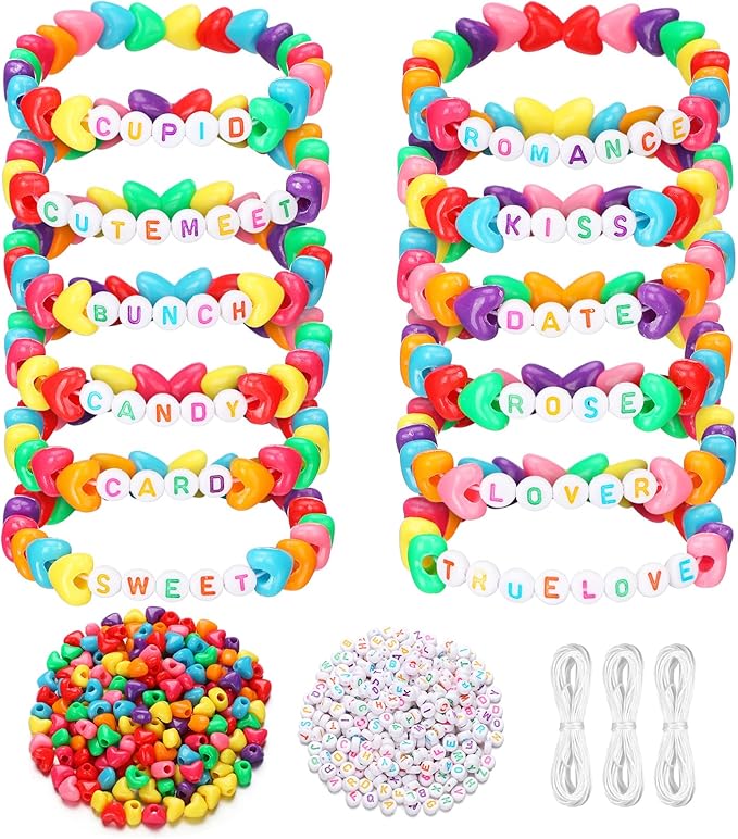 Highergo 1200 Pcs Mother's Day Bracelet Heart Beads Making Kit Letter Beads DIY with 944 Inch Elastic Cord Sweet Heart Charms for Valentine Day Bracelet Necklace Making DIY Crafts