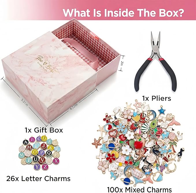 XJlSGXUSG 490Pcs Gold-Tone Charm Bracelet Making Kit – DIY Jewelry Arts & Crafts Gift Box with 126 Enamel Pendants, Pliers, Chains – Unique Birthday Gift Ideas for Teen Girls & Women