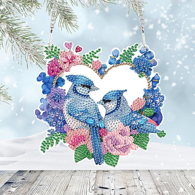 AiYuanzsh Diamond Art Painting Ornament Flowers and Birds Blue Hanging Sign Set Diamond Art Hanging Wall Art DIY 5D Crystal Rhinestone Pendant Kits for Wall Door Window Decorations