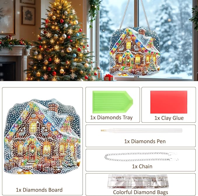 SENQAO Christmas Diamond Art Hanging Kits for Adults Kids, Christmas House Diamond Art Suncatchers, 5D Special Shape Diamond Painting Pendant Window Ornament Gifts for Home Door Wall Decor