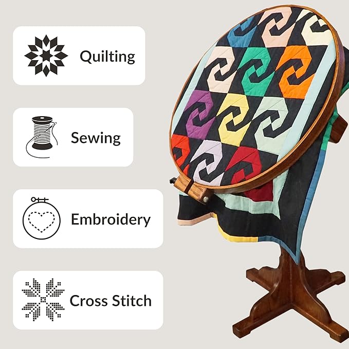 dutchcrafters solid oak wood 22 inch round extra large tilting quilt hoop with stand, quilting frame for hand quilting - amish made in america (michael's cherry)