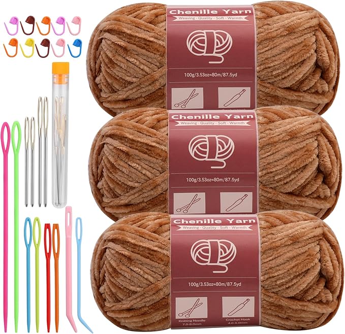 LUNARM Chenille Yarn for Crocheting Knitting, 3 Skein 263 Yard Thick Soft Chunky Fluffy Weaving Plush Yarn for Blankets Clothes Pattern Creations with Big Eye Needles(Light Khaki)