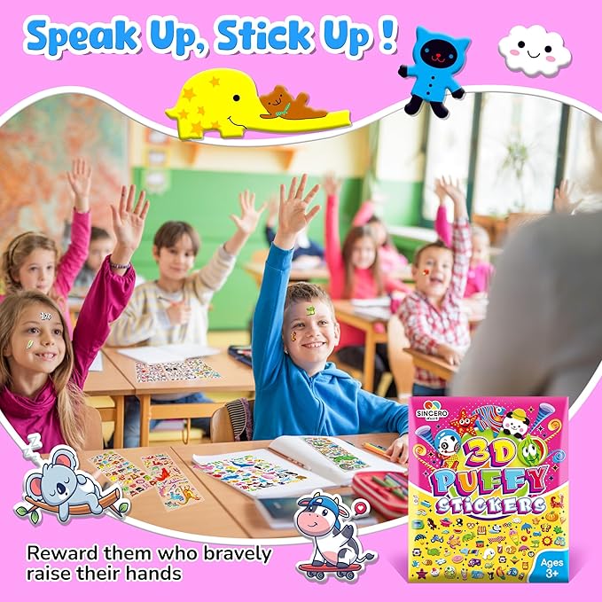 sinceroduct 3200+ 3d puffy stickers, 64 unique sheets ultimate kids sticker, kids‘s preschool sticker sheets for reward, craft, scrapbooking,gifts including animal, fruits, dinosaurs, cars and more.