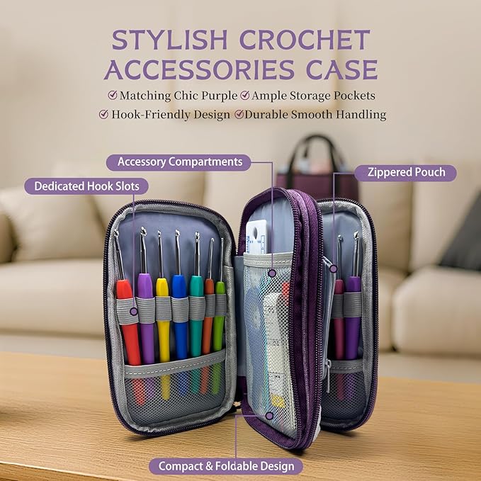 JC CRAFT Deluxe Beginner Crochet Kit – 116-Piece Set with 20 Yarns, Ergonomic Hooks, Accessories, Book for Beginners & Online Tutorial – DIY Starter Kit for Adults & Teens with Purple Bag & Case