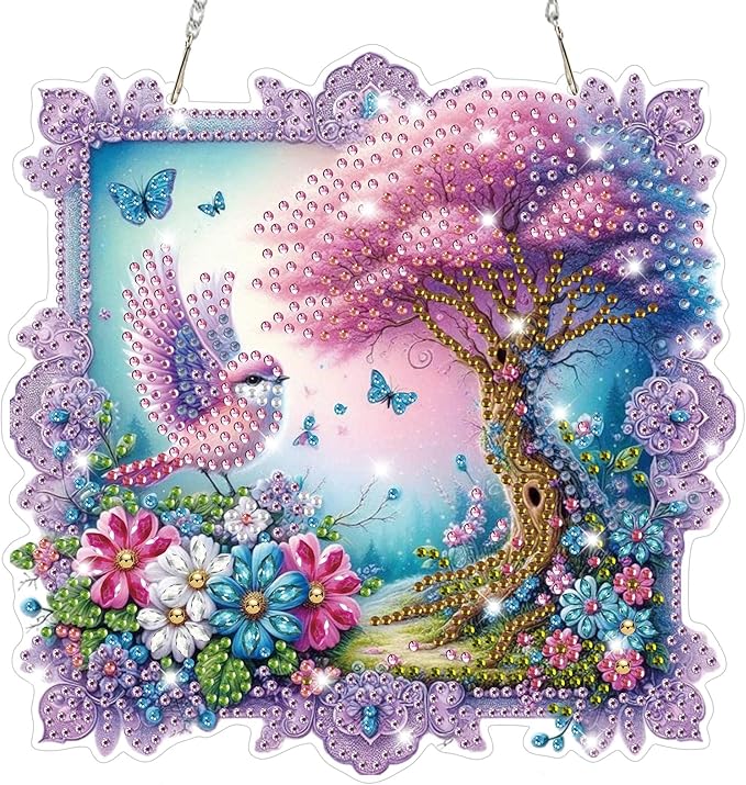 Bowetile Birds Diamond Art Hanging Kits for Adults, Diamond Art Suncatchers Forest, 5D Special Shape Diamond Painting Flowers Pendant Window Ornament Gifts for Home Wall Door Garden Decor
