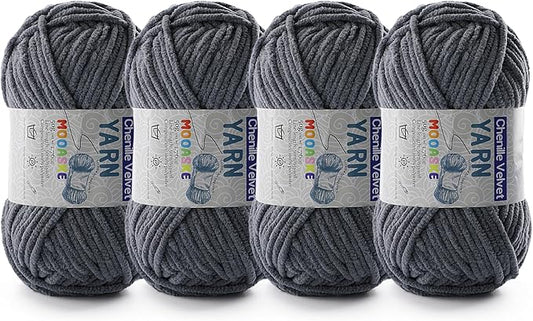 4 Pac Chenille Yarn for Crocheting - Blanket Yarn for Crocheting - Fluffy Yarn for Crochet, Baby Yarn for Crocheting Soft Blankets Weight Per Roll 50g/1.76oz, Length 60m/65yard (Dark Grey)