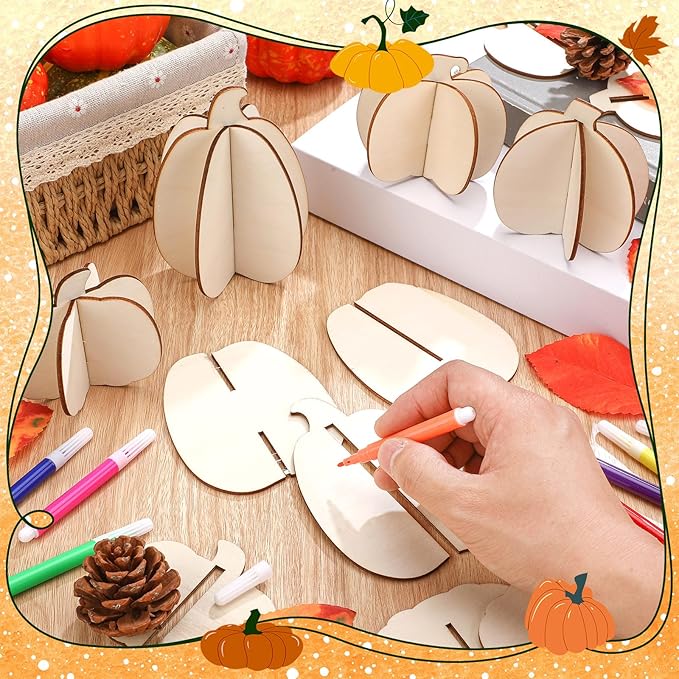 Blosssound 48 Pcs Fall Craft Set 36 Wood Pumpkin for Crafts 3D Pumpkin Cutouts with 12 Colored Markers Wooden Unfinished Slices to Paint for Thanksgiving Autumn Harvest DIY Handmade Tiered Tray Decor