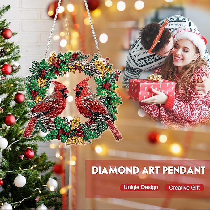 Hanging Diamond Art Kit for Adult, Cute Christmas Red Cardinals, 5D Special Shaped Rhinestone Diamond Painting Ornament, Cardinals, DIY Acrylic Diamond Art Painting Window Pendants Home Garden Decor