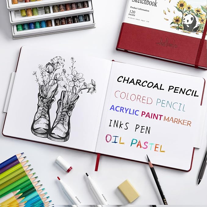 Square Sketchbook for Drawing, 120 Pages Sketch Book, 122LB/180GSM Thick Paper, Mixed Media Sketchbook for Charcoal Pencil, Inks Pen, Colored Pencil, Acrylic Marker, Oil Pastel