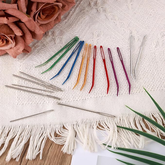 18pcs Large Eye Sewing Needles, Aluminum Big Eye Yarn Needle Kit with Straight & Curved Tip Hand Knitting Supplies Threaders Tools for Quilting Crochet Felting Embroidery Tapestry Projects