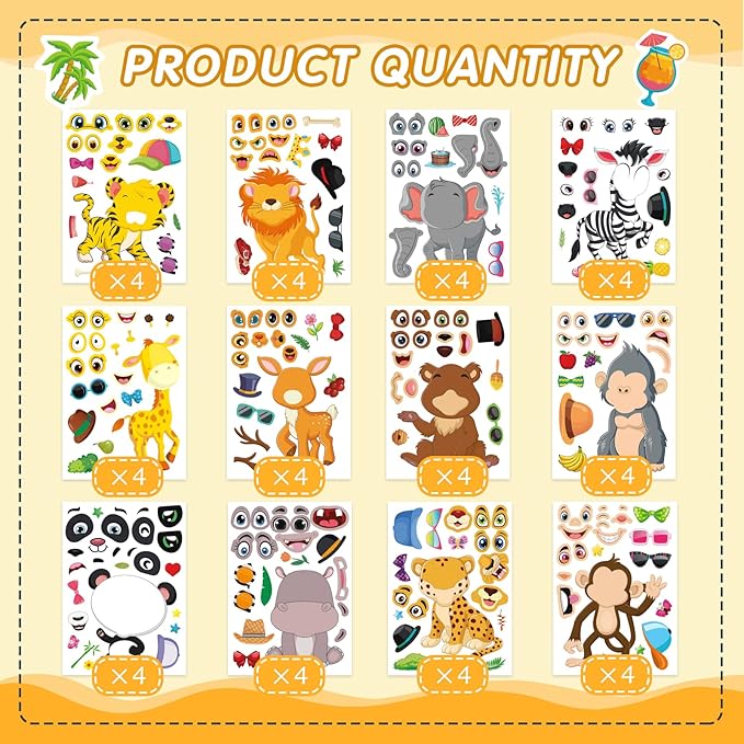 48 sheets make your own safari animal stickers for kids ages 3+, make-a-face stickers, jungle & zoo party favors supplies, classroom teacher reward