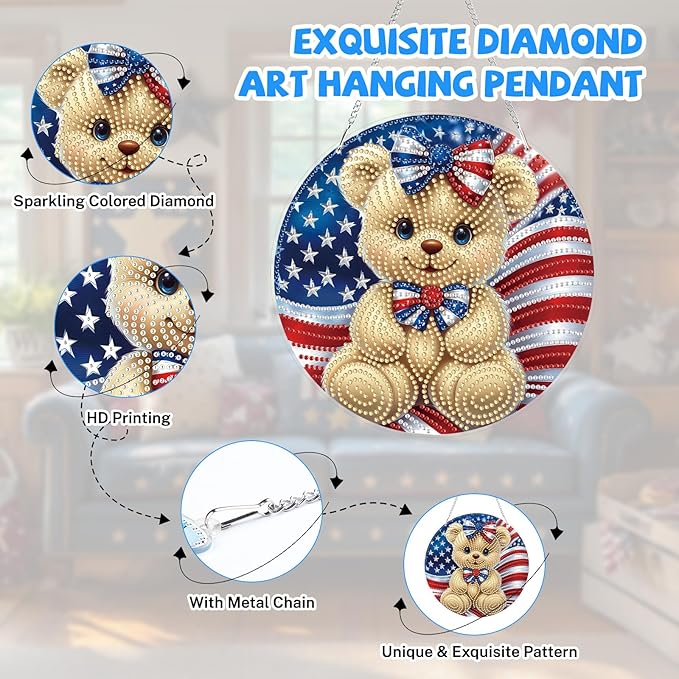 Bowetile Independence Day Bear 5D Diamond Art Hanging Kits for Adults, 4th of July Diamond Painting USA Window Pendant Kits, Special Shape Gem Art Suncatcher Ornament for Home Garden Wall Decor