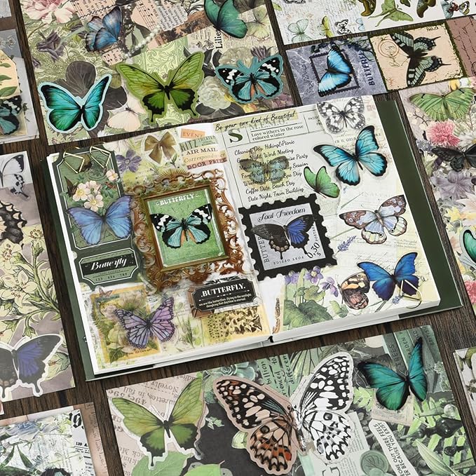 scrapbook supplies kit, vintage junk journaling supplies, scrapbooking kit with aesthetic ephemera stickers, stationary set, bullet journaling kit, collage craft supplies gift for adults women starter