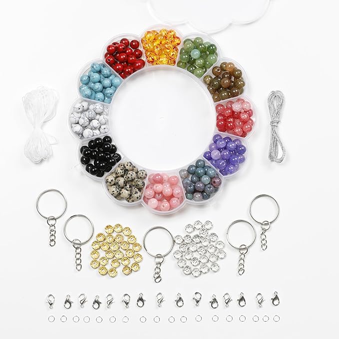 Incraftables Natural Gemstone Beads Kit - 240 Stone Beads & 150 Spacer Beads for Jewelry Making - Bracelet Making Kit with Keychains, Clasps, Wire, & Storage Organizer