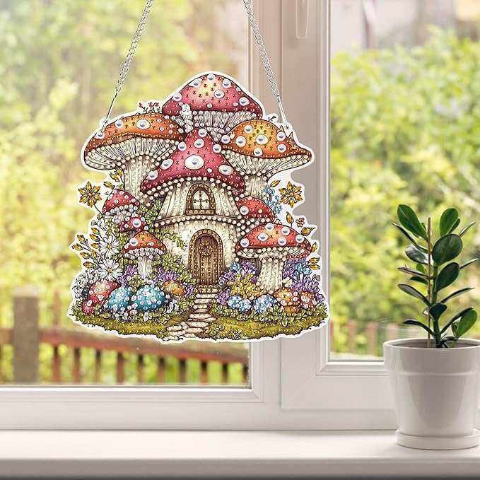 HEIBAGO Mushroom House Hanging Diamond Art Kits for Adults, Fall Special Shaped Crystal Diamond Painting Ornament Kit, DIY Double-Sided Pattern Gem Art Kit for Home Wall Decor 8.3x8.3inch