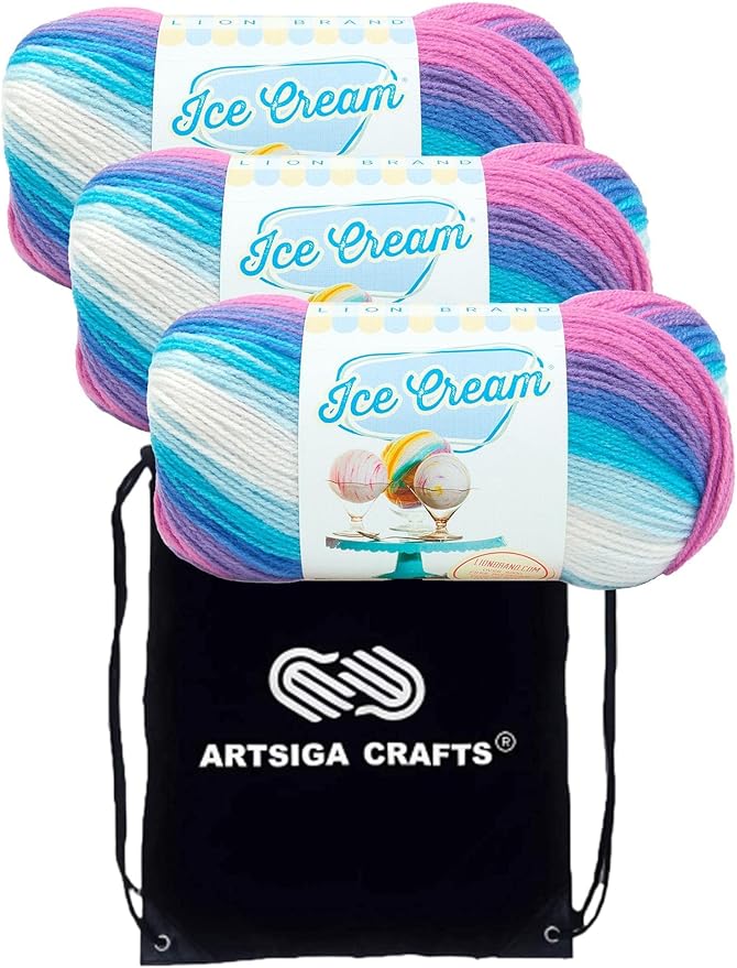 Lion Brand Ice Cream Moon Mist 923-215 (3-Skeins - Same Dye Lot) Baby Sport #2 Acrylic Yarn for Crocheting and Knitting with Project Bag