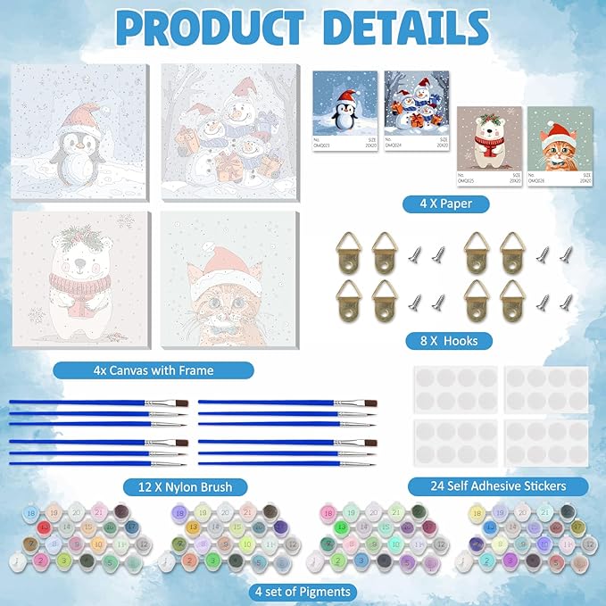 DOMROM 4 Pack Framed Paint by Numbers Snowman for Kids Beginners, Adult Paint by Number Kits Cat on Canvas, Acrylic Number Painting Christmas Craft Kits for Gift Home Decor 8x8in