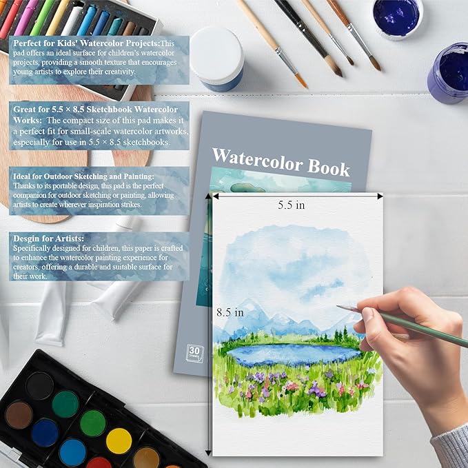 Fuxi Small Watercolor Sketchbook, 2-Pack - 5.5" x 8.5" | 140lb/300gsm Cold Press Watercolor Paper, 30 Sheets Per Pad.