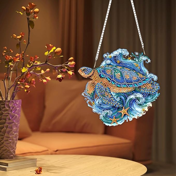 Lxmsja DIY Turtle Starfish Diamond Painting Hanging Ornament, Double-Sided Acrylic Ocean Waves Diamond Art Kit, Special Shaped Suncatcher Hanging Pendant Window Art Kit 7x8 inch