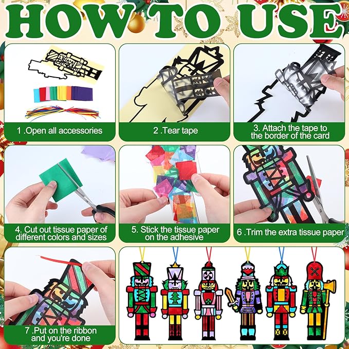 30 Pcs Christmas Nutcracker Suncatchers Paper Craft Set Xmas Nutcracker DIY Stained Glass Effect Tissue Paper Kits Gift Bulk for Xmas Christmas Activities Art Party Decor