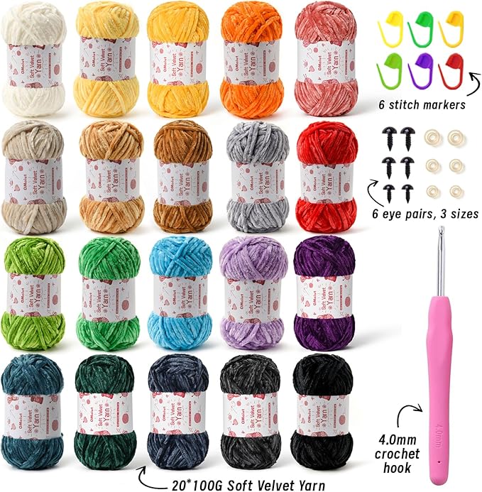 20 Pack Chenille Chunky Yarn - Baby Yarn for Crocheting Soft - White Black Brown Green Red Pink Blue Rainbow Velvet Yarns Crochet Blanket - Amigurumi Yarns Pack with Crochet Accessories B