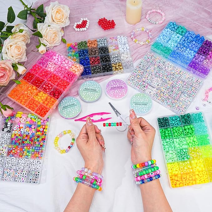 4500Pcs Pony Beads Bracelet Making Kit, 6 Boxes with 1600pcs Letter Beads Friendship Bracelets Kandi Rave Bead for Jewelry Making Keychain Hair Braid Gifts for Teens Arts and Crafts Kits
