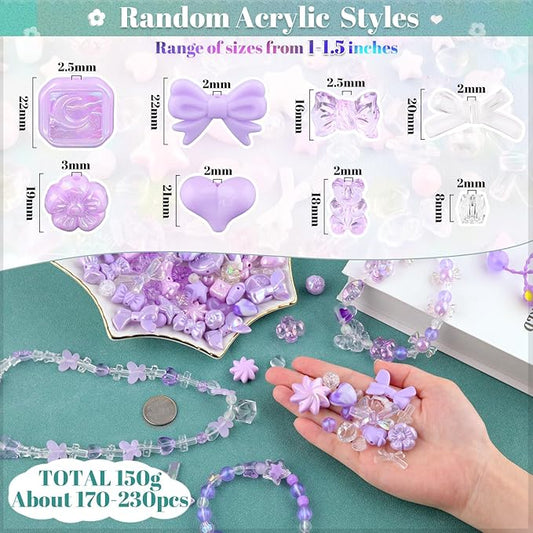 200-260pcs tinkrstuff assorted purple acrylic beads for bracelet making, cute beads for jewelry making flower bow butterfly candy gummybear aesthetic bracelet charms, diy necklace keychain phone charm