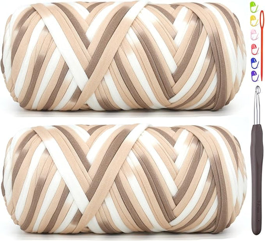 2 Pack Tshirt Yarn for Crocheting,Rainbow T Shirt Chunky Elastic Thick T-Shirt Crochet Yarn for Beginners Crocheting Hand Knitting Bag/Basket/Coasters/DIY Crafts/Home Decor 2 * 200G-Coffee White Brown