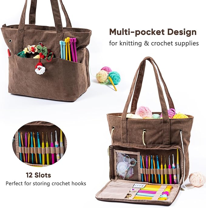 Large Yarn Tote Organizer – Corduroy Knitting Storage Holder for Yarn, Hooks & Accessories, Portable Craft Carryall for Crocheting Lovers, Mother’s Day Gift