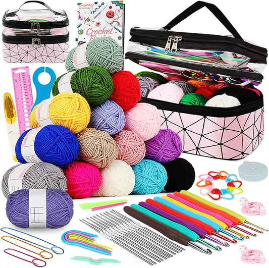 coopay crochet kit for beginner adult, 16 colors yarn crochet animal kit with instructions, portable crochet starter kit double-layer crochet beginners set full knitting crochet accessories