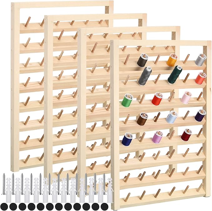 4 Pieces 48 Spool Wooden Thread Holder Wall Mounted Thread Rack with Hanging Hooks Organizer for Mini Sewing Quilting Jewelry Embroidery
