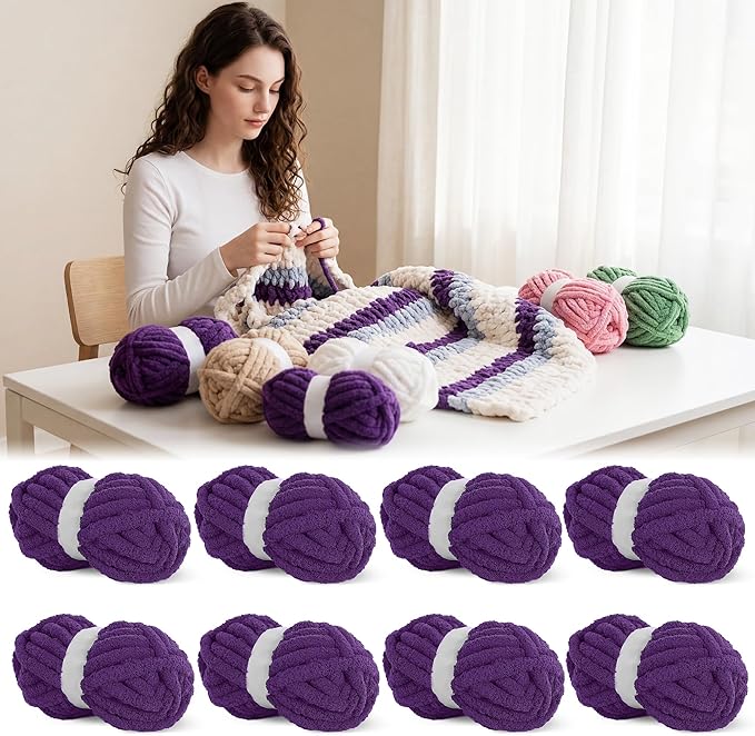 BALAPET Chunky Chenille Yarn for Hand Knitting, Super Soft Thick Plush Yarn for Blanket and Knit DIY, Fluffy Bulky Jumbo Yarn, Beginner Friendly, Machine Washable #10, 8 Skeins (8 oz / 27 Yards)