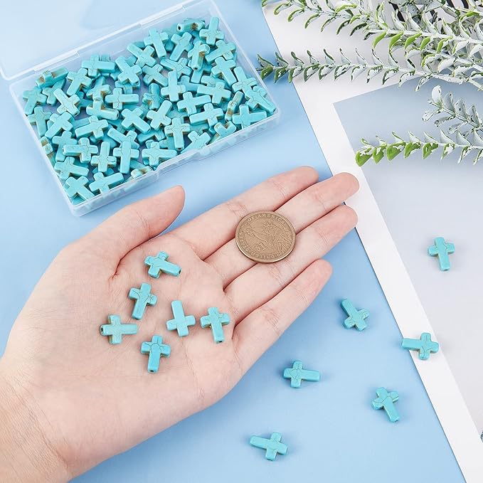 SUNNYCLUE 1 Box 100Pcs Turquoise Cross Beads Bulk Synthetic Turquoise Blue Gemstone Bead Easter Mini Cross Stone Spacer Beads for Jewelry Making Charms Beading Kits Christmas Bracelets DIY Supplies