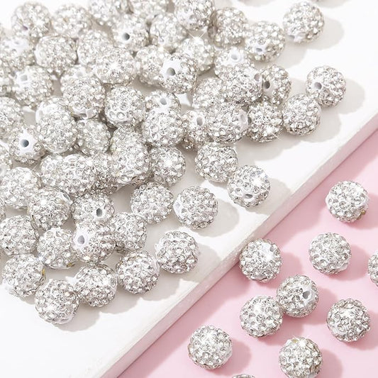 100 Pcs 10mm Rhinestone Beads for Jewelry Making, White Shiny Round Shamballa Disco Baseball Necklace Beads Sparkle Crystal Clay Pave Rhinestones Bead for DIY Bracelet Earring Craft Making Supplies