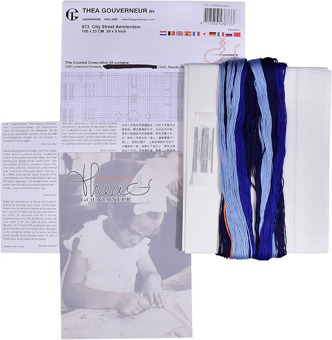 Thea Gouverneur - Counted Cross Stitch Kit - City Street Amsterdam - Aida - 16 Count - Embroidery Kits for Adults - Crafts - DMC Embroidery Threads and Other Cross Stitch Supplies Included - 873A