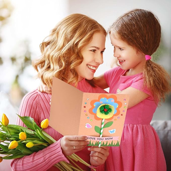 Sanixin 24 Sets Mother's Day Flower Card Craft Kit for Kids Spring DIY Flower Greeting Card Set Happy Mother's Day Card Making Kit for Mom Gifts Classroom School Home Activities