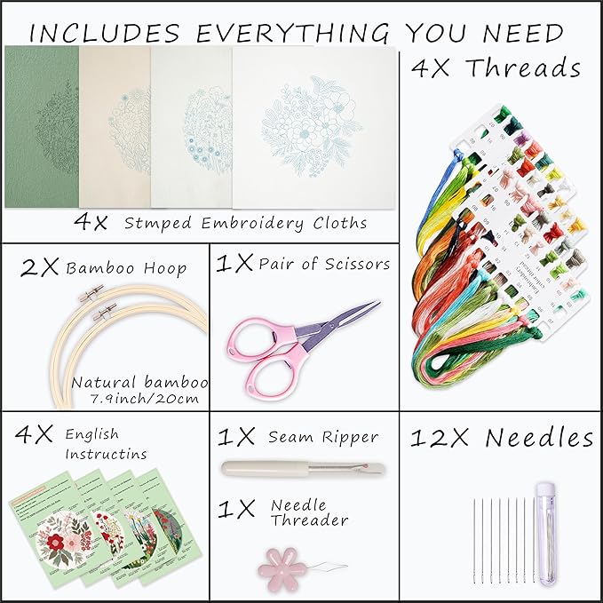 Bonroy Embroidery Kit for Beginners with Instructions,Cross Stitch Kits for Adults with Pattern,Needlepoint Kits for Adult Include Embroidery Cloth Hoops Needles Threads (flowers5)