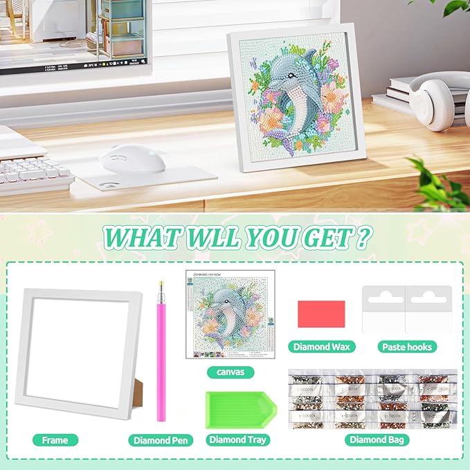 SENQAO Dolphin Diamond Art Kit for Adults with Frame Art and Crafts for Adults Ages 6-8 -10-12 Easy to DIY Diamond Art for Adults and Adult Beginners Home Wall Decoration 7.1x7.1inch