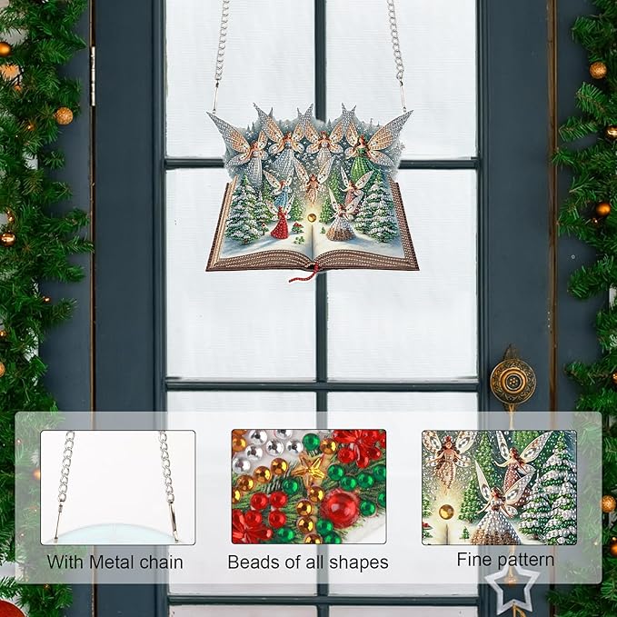 5D Christmas Diamond Painting Pendant Kit, Magic Book with Flying Elf and Snowy Forest, DIY Crystal Diamond Art Hanging Sign for Window, Door & Wall, Fantasy Home Decoration Gift, 24.1 x 20.4 cm