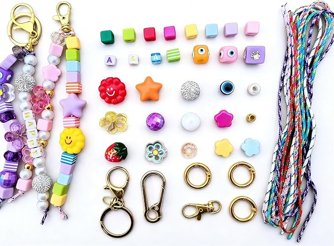Keychain Making Kit 300PCS Complete Set for Adults Beginners DIY Bead with Resin & Acrylic Charms Bag Charm Kit Birthday Party Favors Gift