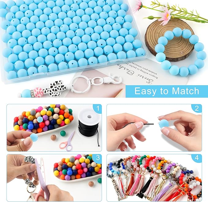 150Pcs 15mm Silicone Beads for Keychain Making Bracelet Necklace, Bulk Round Silicone Beads for Pens（Baby Blue）