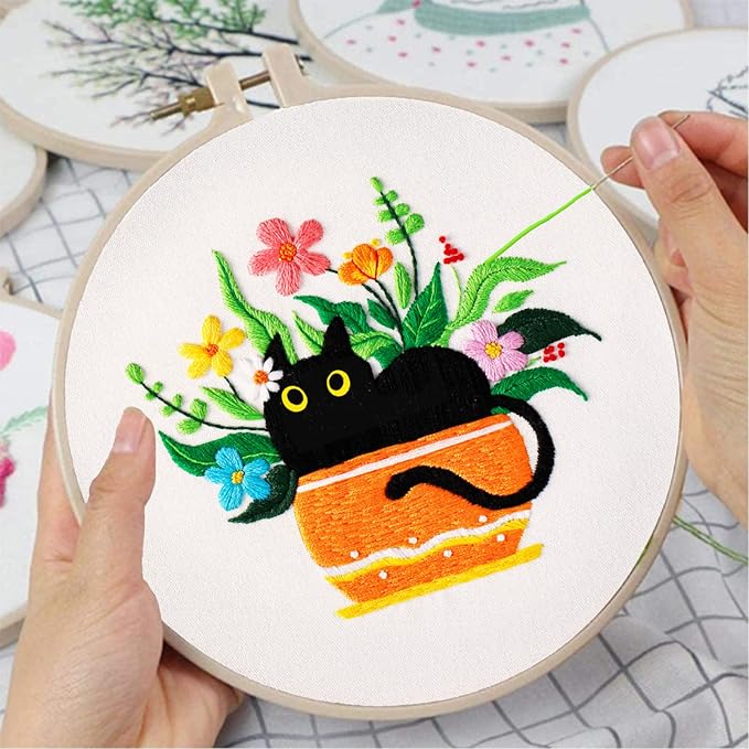 Louise Maelys Embroidery kit with Cat Plant Stamped for Starters, Cross Stitch Kits for Beginners Adults, Include Embroidery Cloth, Hoop,Needles,Instruction and Threads
