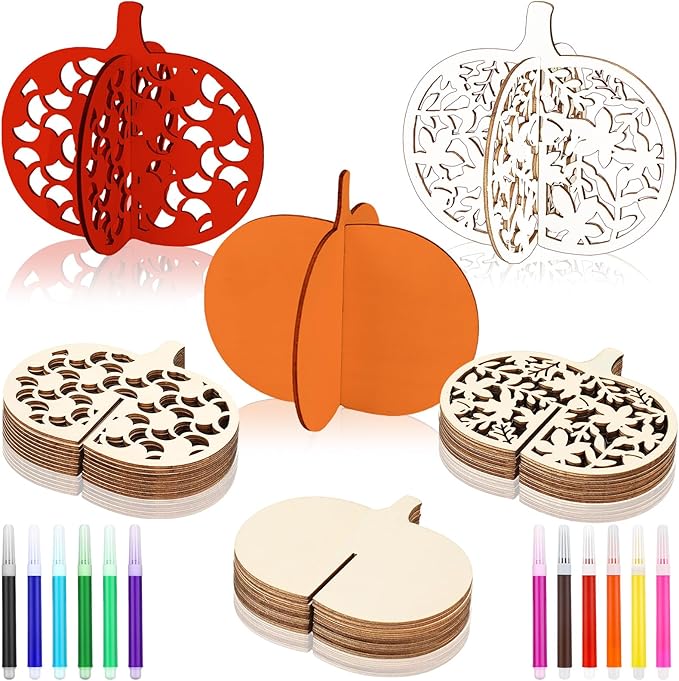 Blosssound 48 Pcs Fall Craft Set 36 Wood Pumpkin Crafts 3D Pumpkin Cutouts with 12 Colored Markers Wooden Unfinished Slices to Paint for Thanksgiving Autumn Harvest DIY Handmade Tiered Tray Decor