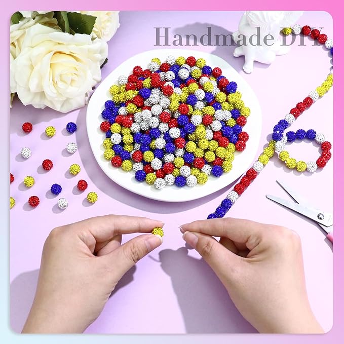 Dowarm 255PCS 10mm Rhinestone Beads for Baseball Necklace Bracelet Jewelry Making, Round Rhinestone Clay Beads for Craft Beaded Pen, Shamballa Pave Diamond, Yellow|Red|Blue|White